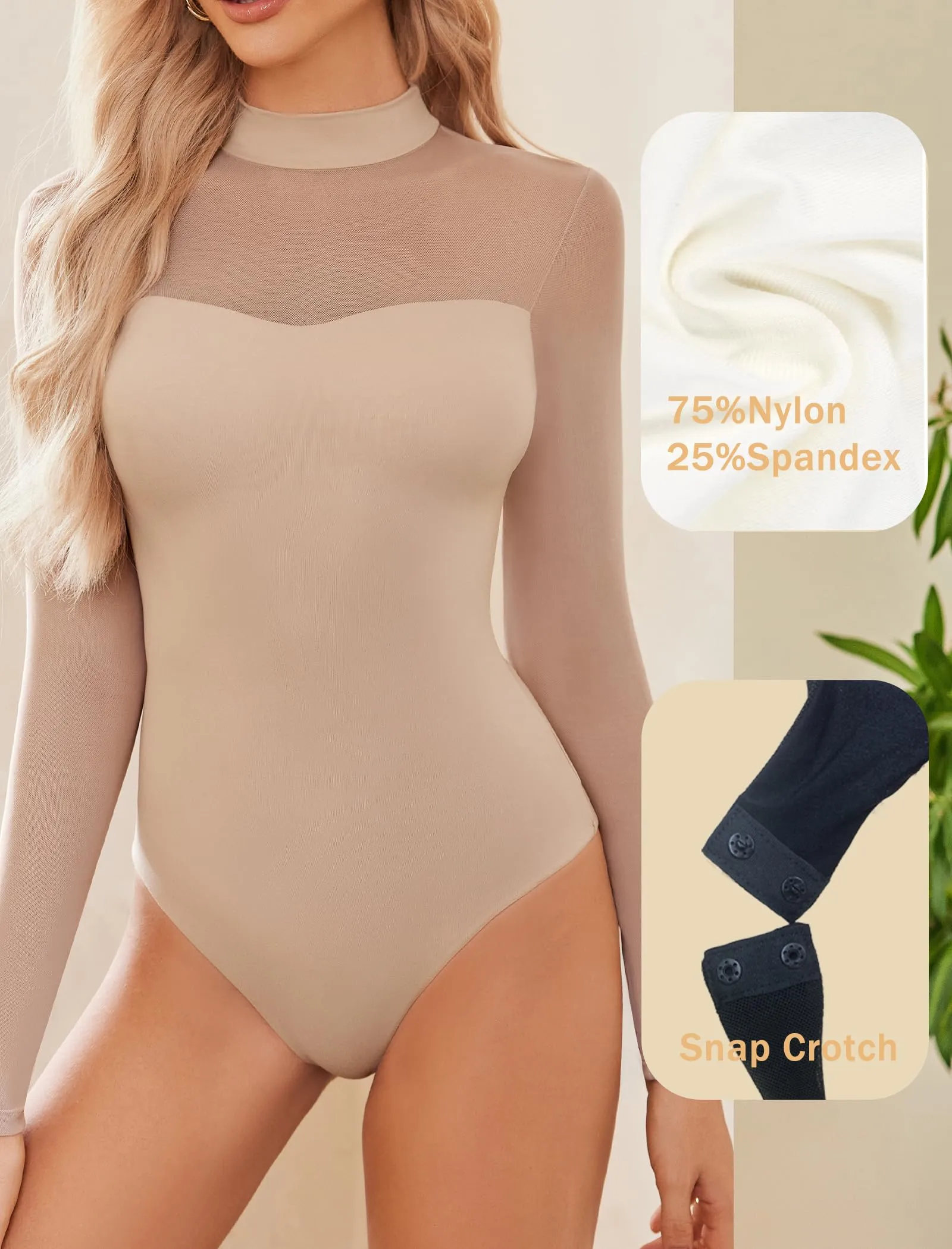 Avidlove Women's Sexy Mock Neck Sheer Mesh Long Sleeve Bodysuit Double Lined Slimming Body suit Going Out Tops