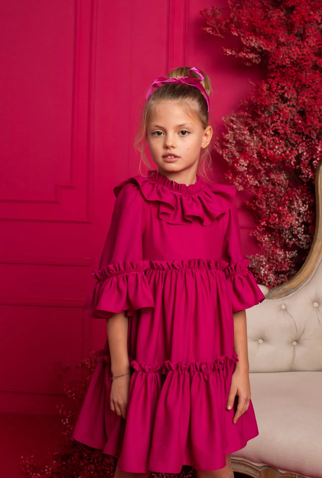 Beautiful Fuchsia Pink Crepe Dress with Ruffled Collar details,