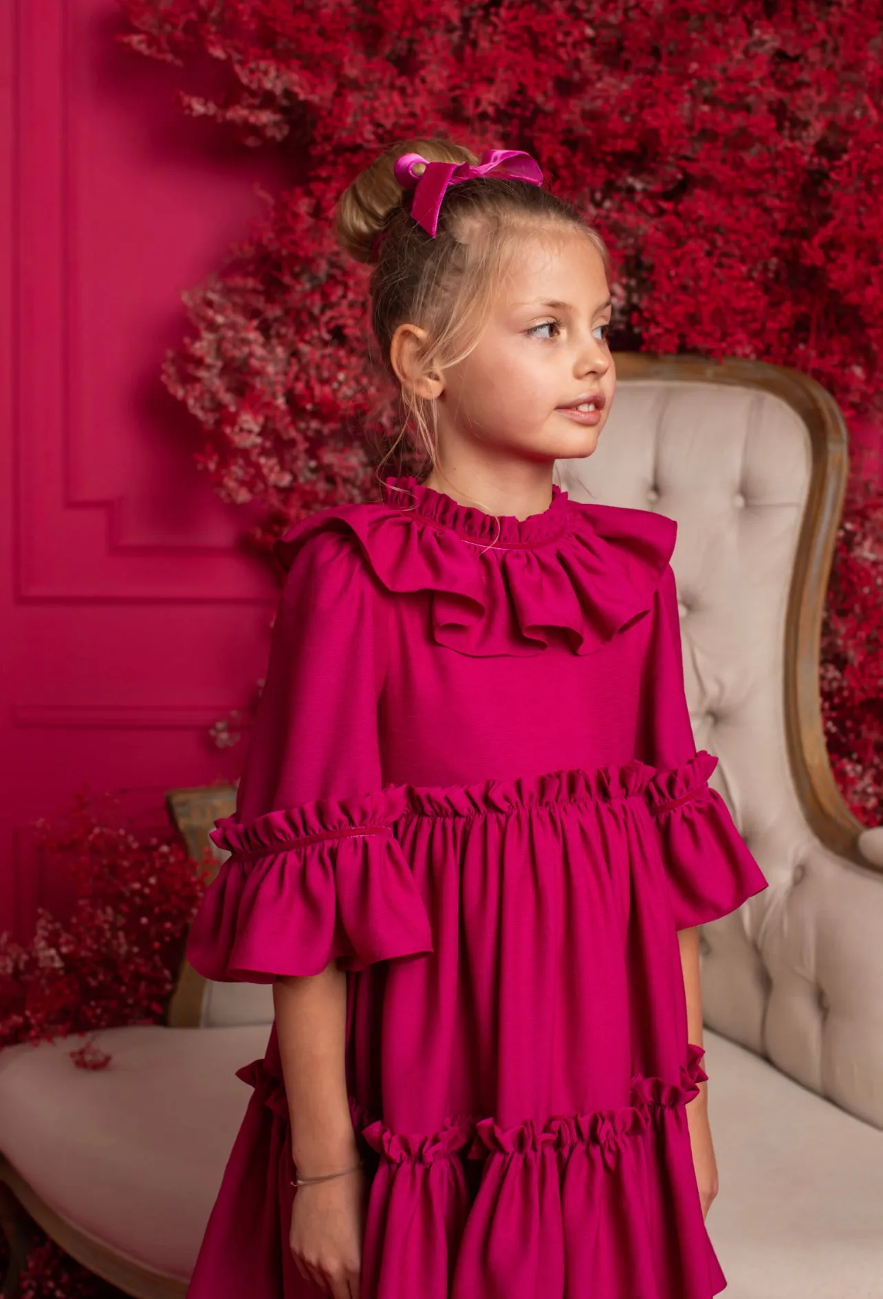 Beautiful Fuchsia Pink Crepe Dress with Ruffled Collar details,