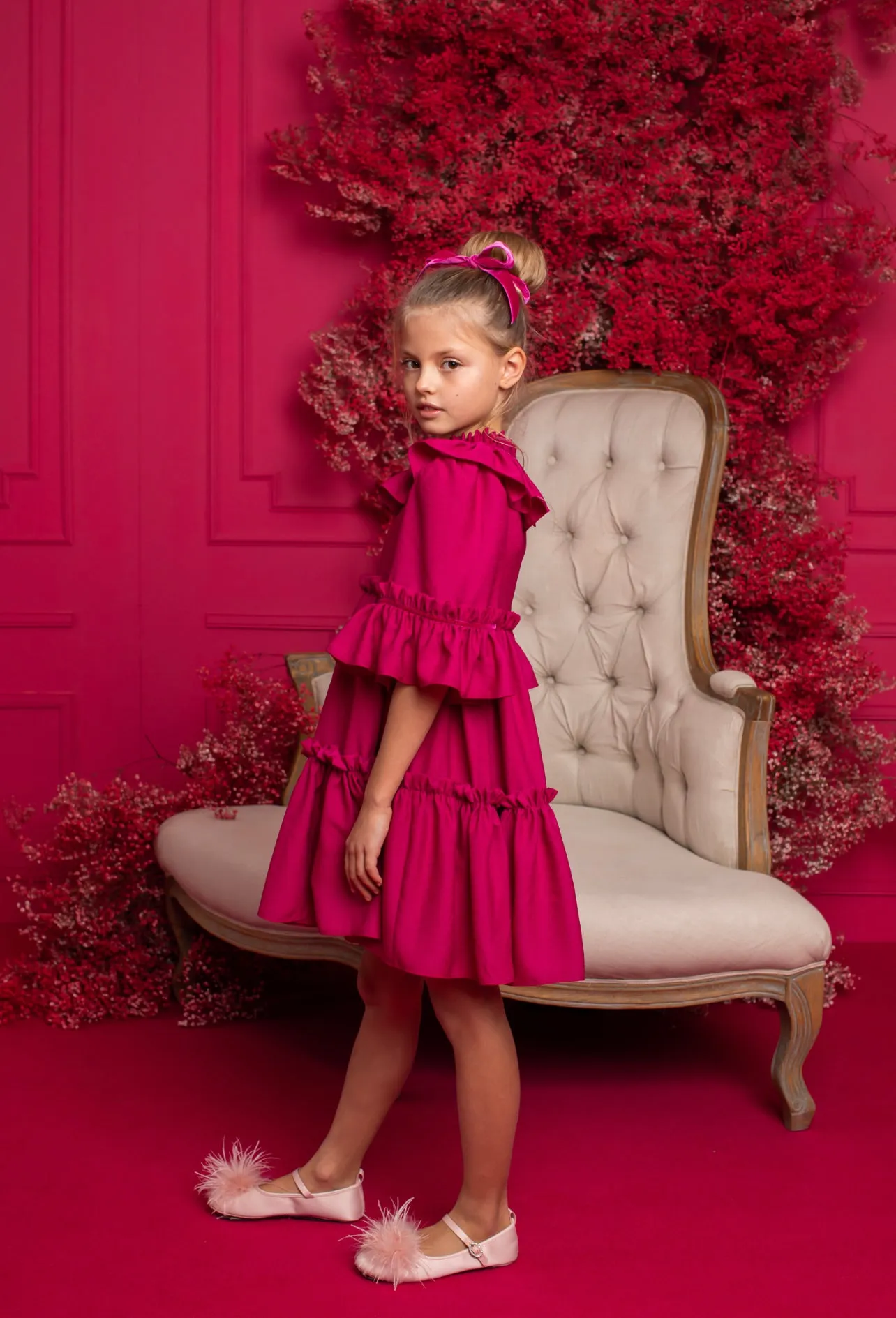 Beautiful Fuchsia Pink Crepe Dress with Ruffled Collar details,