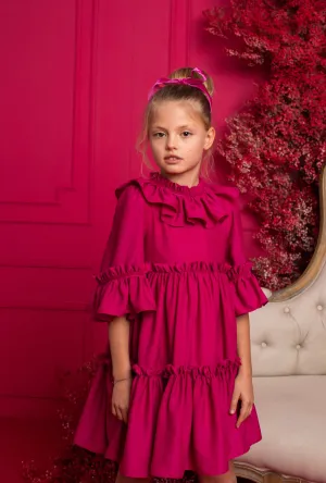 Beautiful Fuchsia Pink Crepe Dress with Ruffled Collar details,