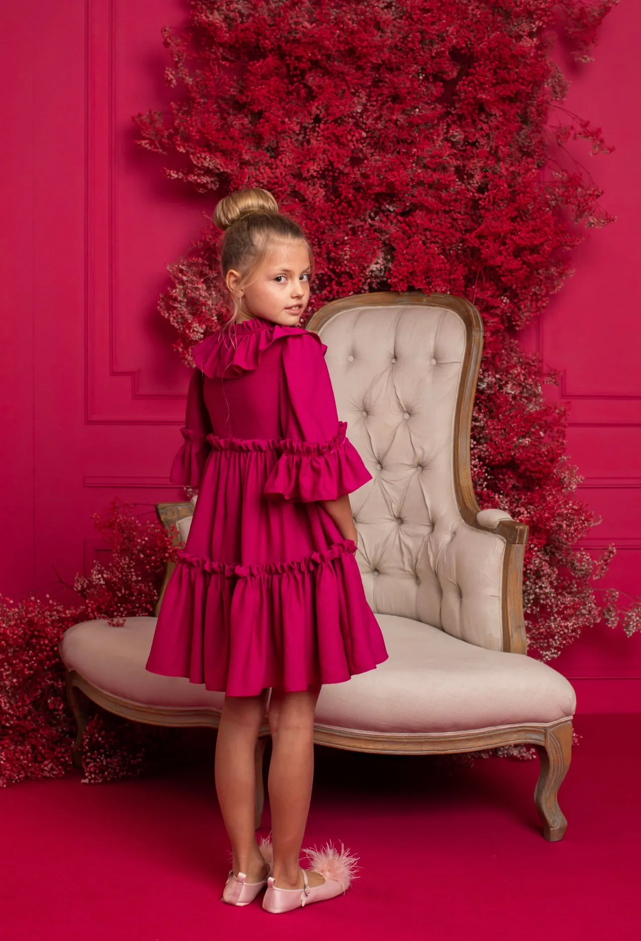 Beautiful Fuchsia Pink Crepe Dress with Ruffled Collar details,