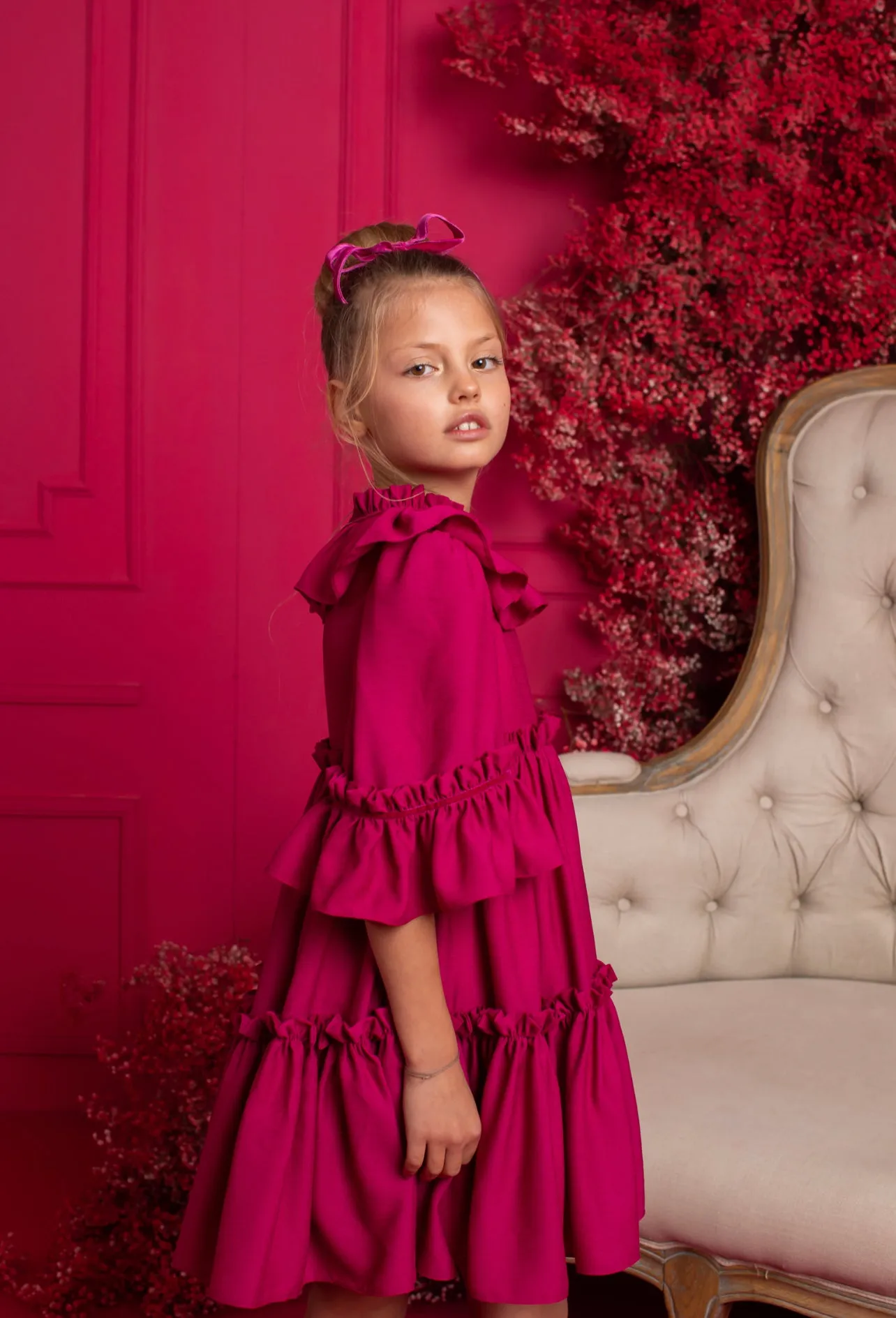 Beautiful Fuchsia Pink Crepe Dress with Ruffled Collar details,