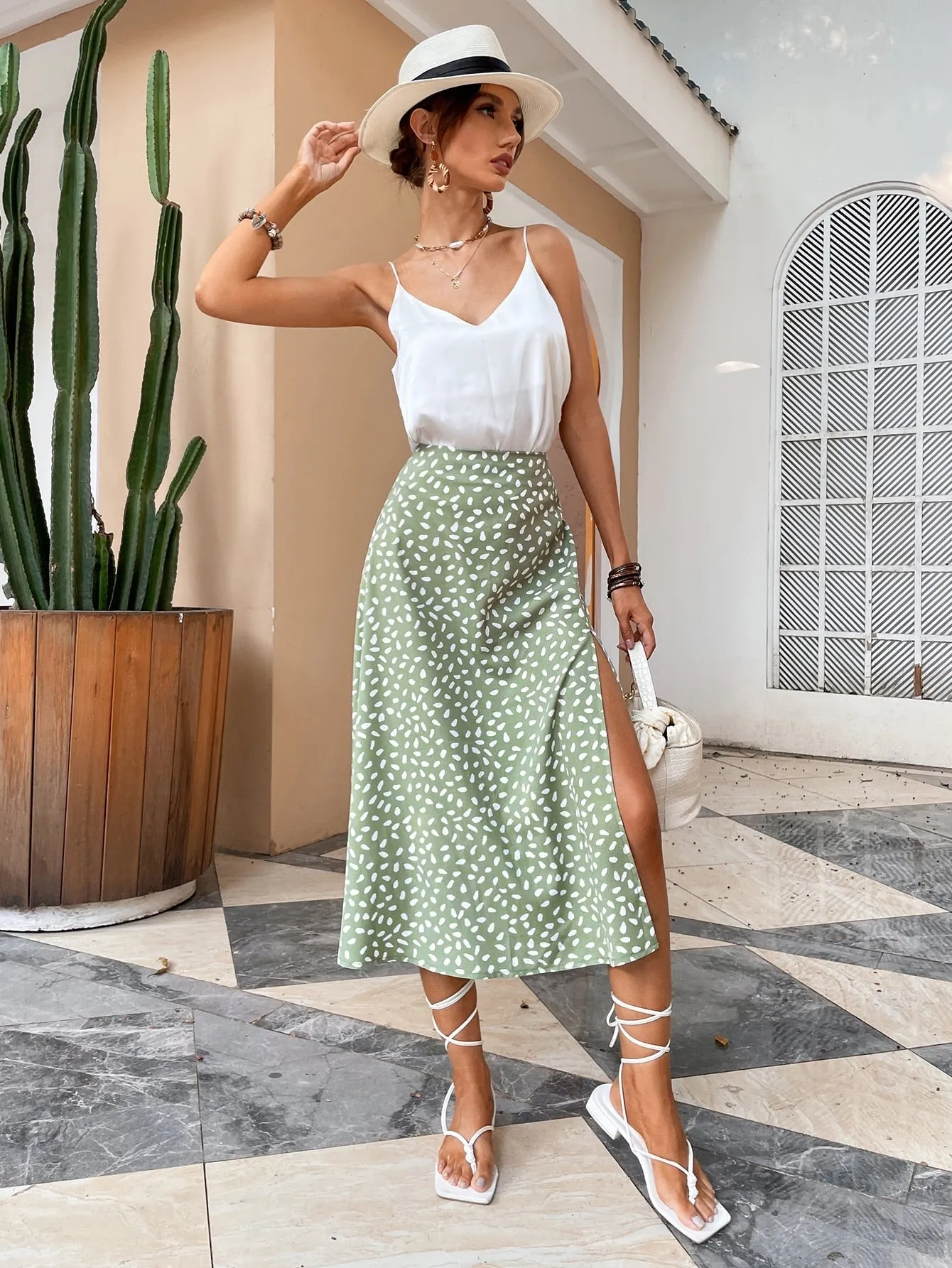 BerriesJam - Green Boho Split Thigh Allover Print Women Skirt