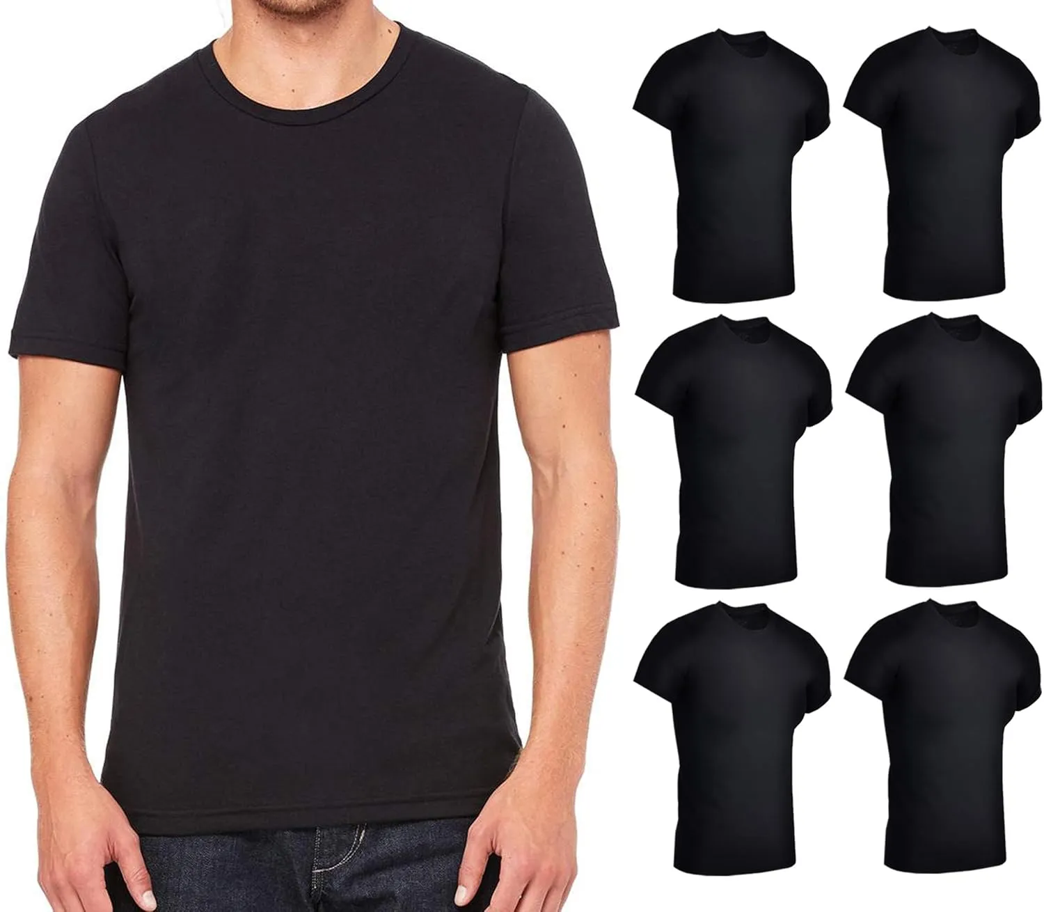 BILLIONHATS 6 Pack Mens Cotton Short Sleeve Lightweight T-Shirts, Bulk Crew Tees for Guys, Black Colors Bulk Pack (Large)