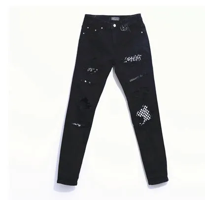 Black and white plaid Slim fit elastic feet mix stacked holes jeans