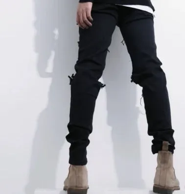 Black and white plaid Slim fit elastic feet mix stacked holes jeans
