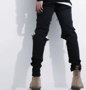 Black and white plaid Slim fit elastic feet mix stacked holes jeans