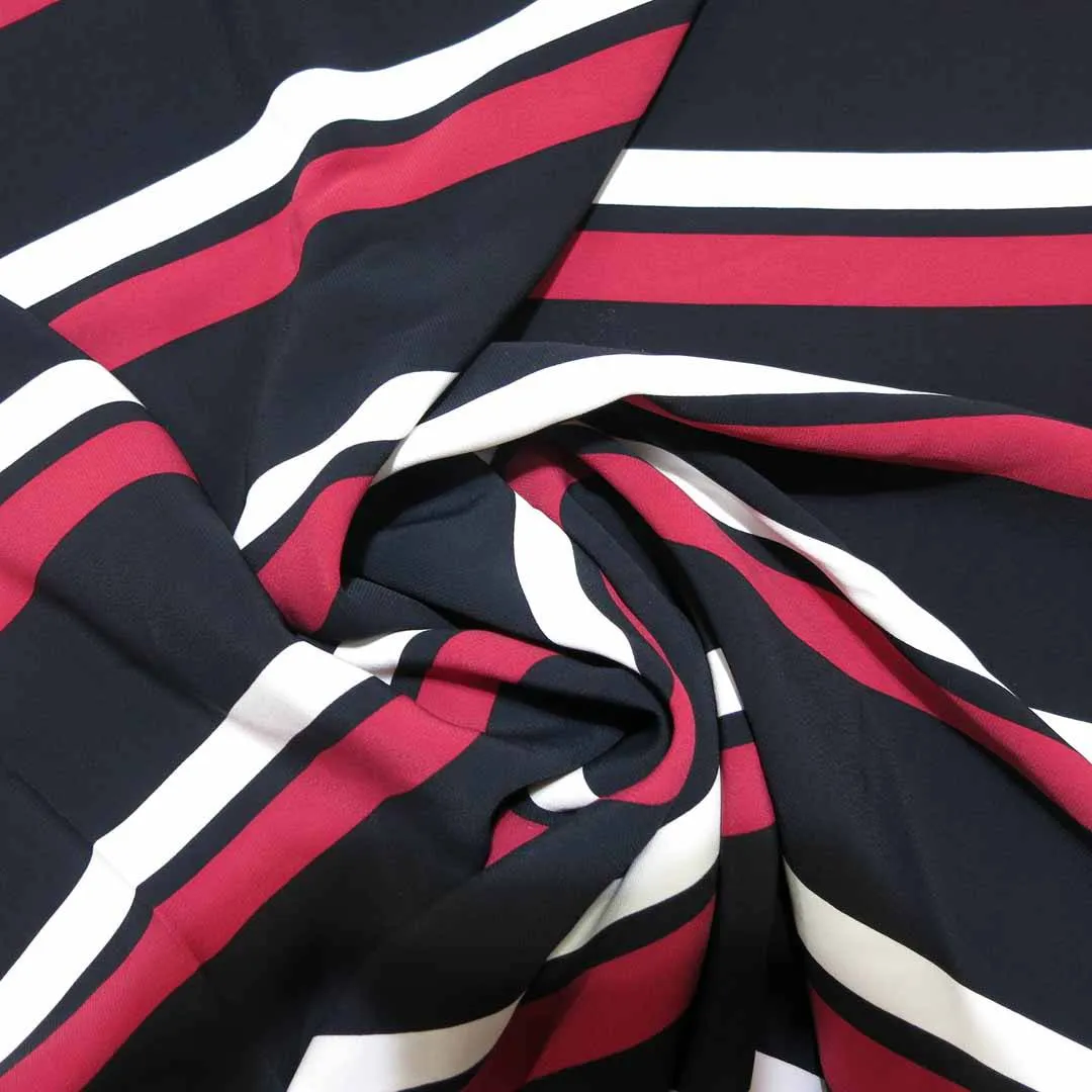 Black with Red and White Striped Printed Crepe