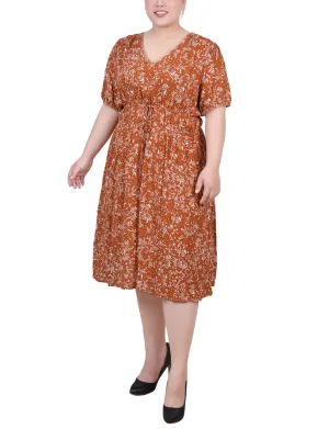 Bossanova Floral Short Sleeve Dress With Tie Waist - Plus