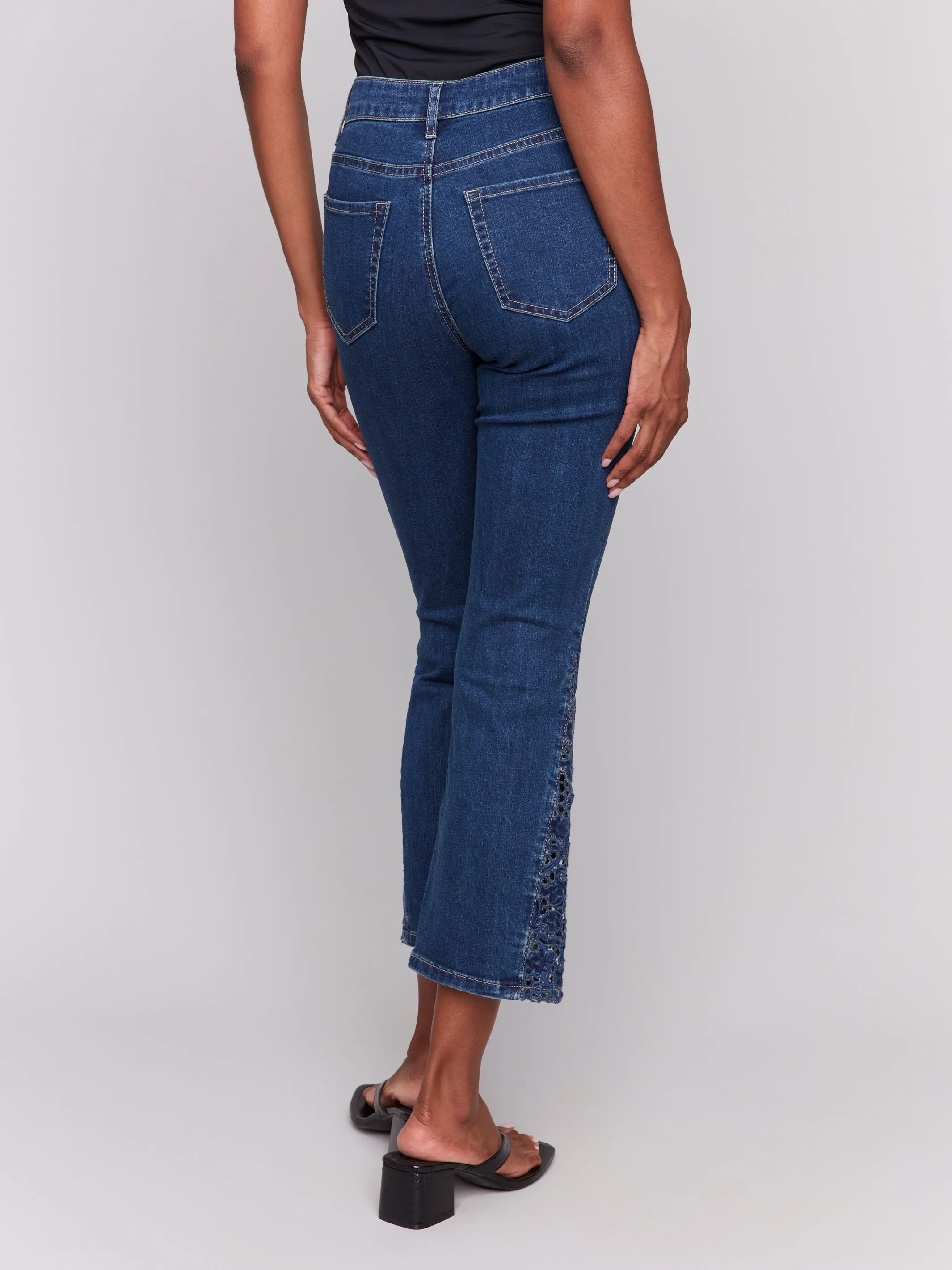 Charlie B Spring/Summer 2025-C5643-007-Lace Cuts Side Slim Pant-Indigo
