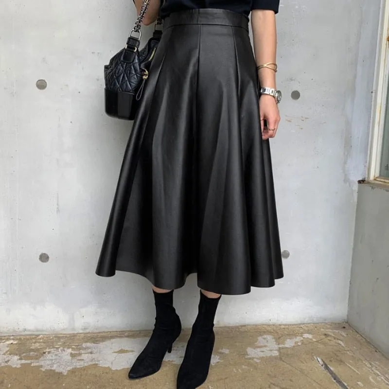 Christmas Gift Joskaa Black Solid PU Leather Elegant Midi Skirt Women 2020 Spring High Waist Office Ladies A Line Flared Skirts Faux Leather