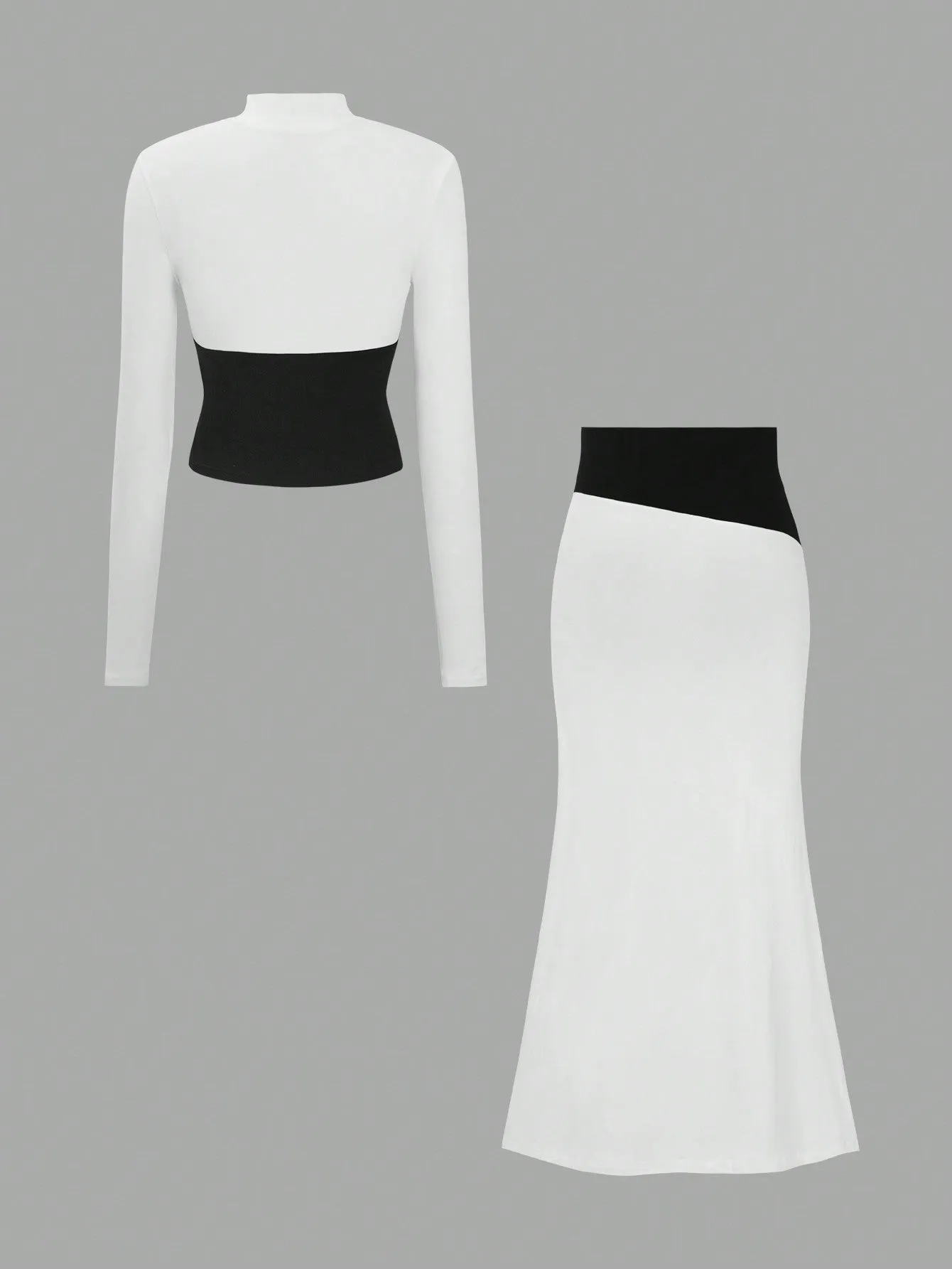 Color Blocking Design Lace-Up Halter Top & High Waisted Maxi Skirt Set,Elegant & Slimming