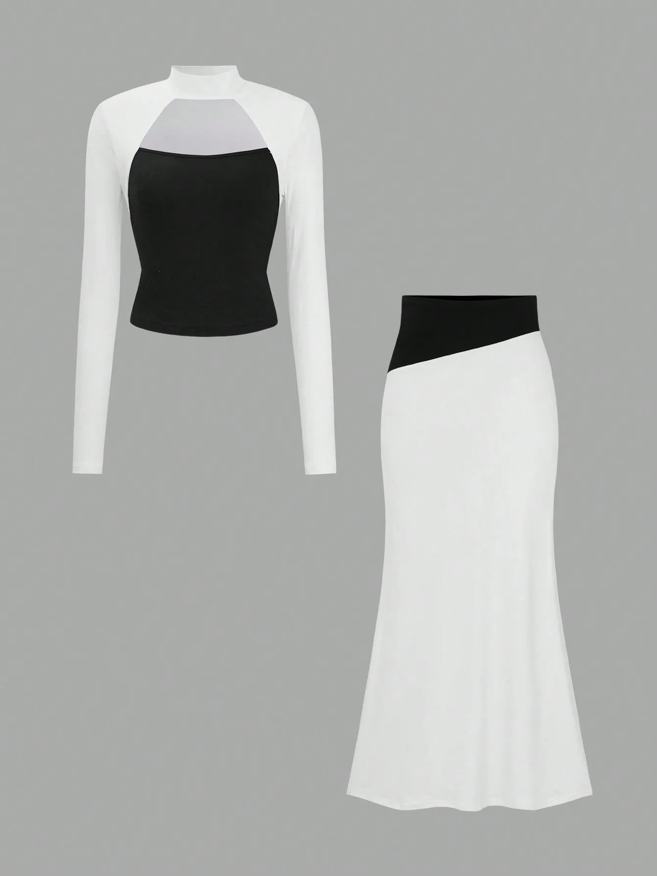 Color Blocking Design Lace-Up Halter Top & High Waisted Maxi Skirt Set,Elegant & Slimming