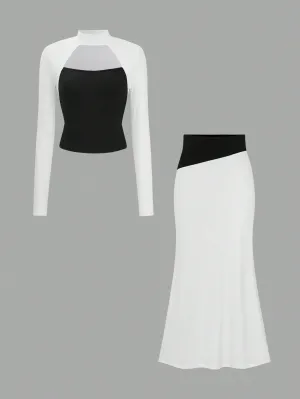 Color Blocking Design Lace-Up Halter Top & High Waisted Maxi Skirt Set,Elegant & Slimming
