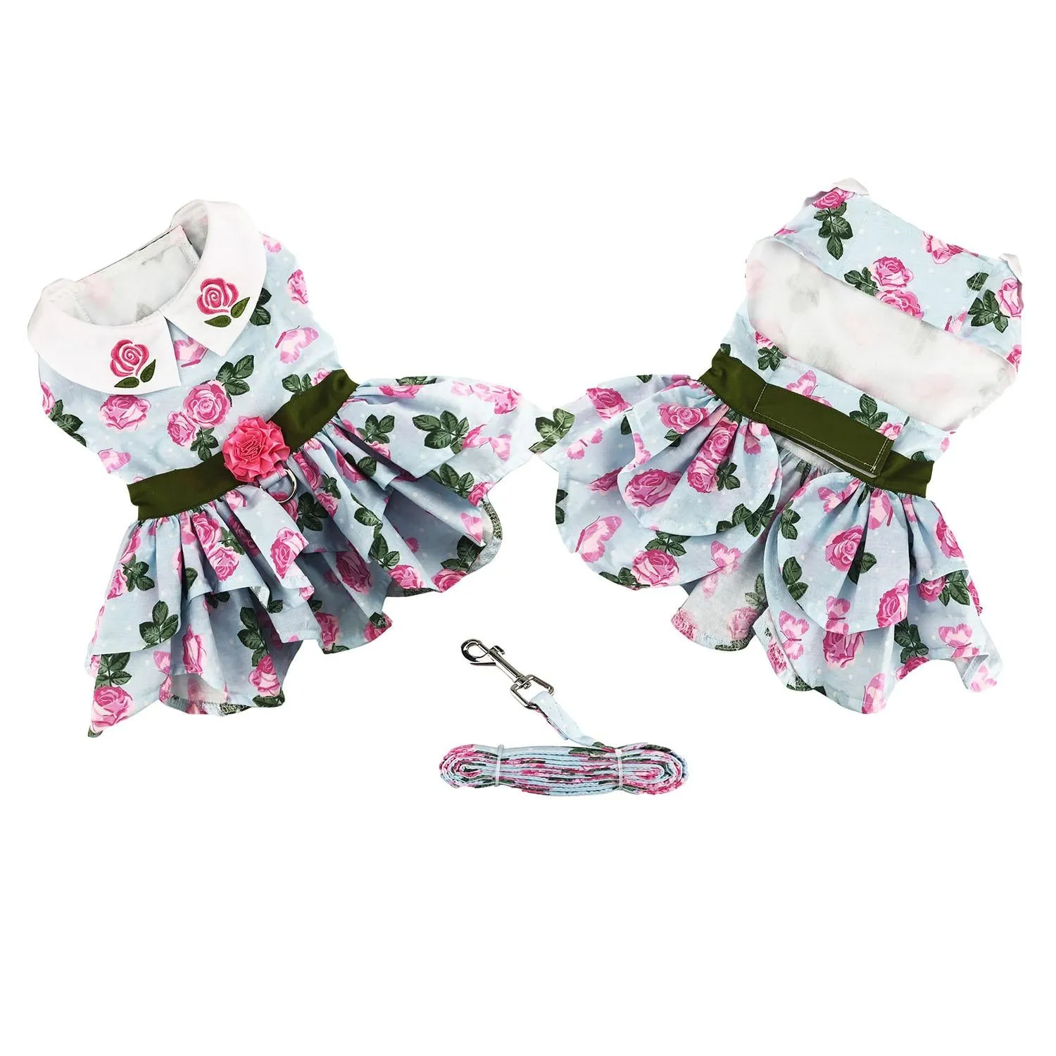 DOGGIE DESIGN Pink Rose Dog Harness Dress with Matching Leash