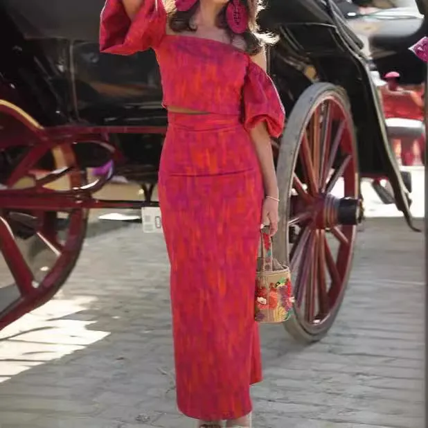 Elegant Bandeau One-shoulder Puff Sleeve Top Mid-length Dress Set Lightly Mature