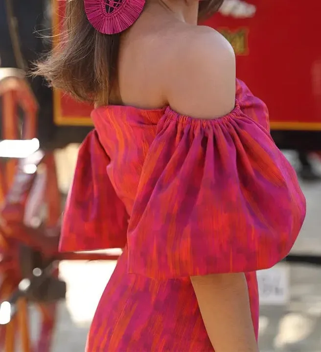Elegant Bandeau One-shoulder Puff Sleeve Top Mid-length Dress Set Lightly Mature
