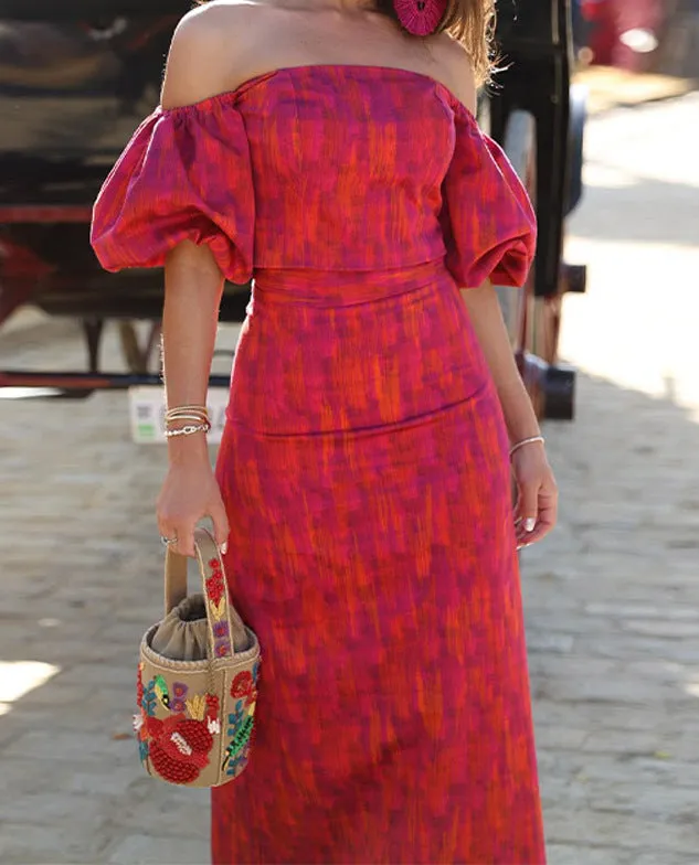 Elegant Bandeau One-shoulder Puff Sleeve Top Mid-length Dress Set Lightly Mature