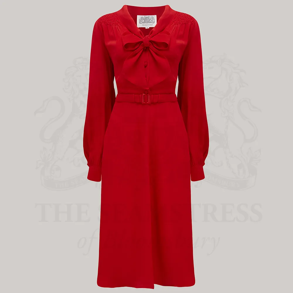 Eva Pussy Bow Dress in Lipstick Red