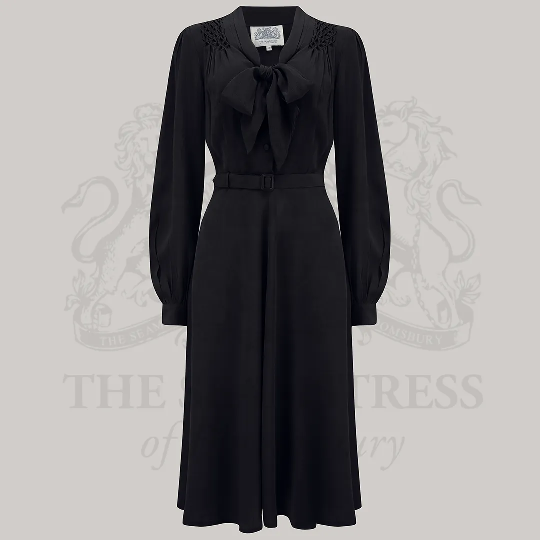 Eva Pussy Bow Dress in Liquorice Black