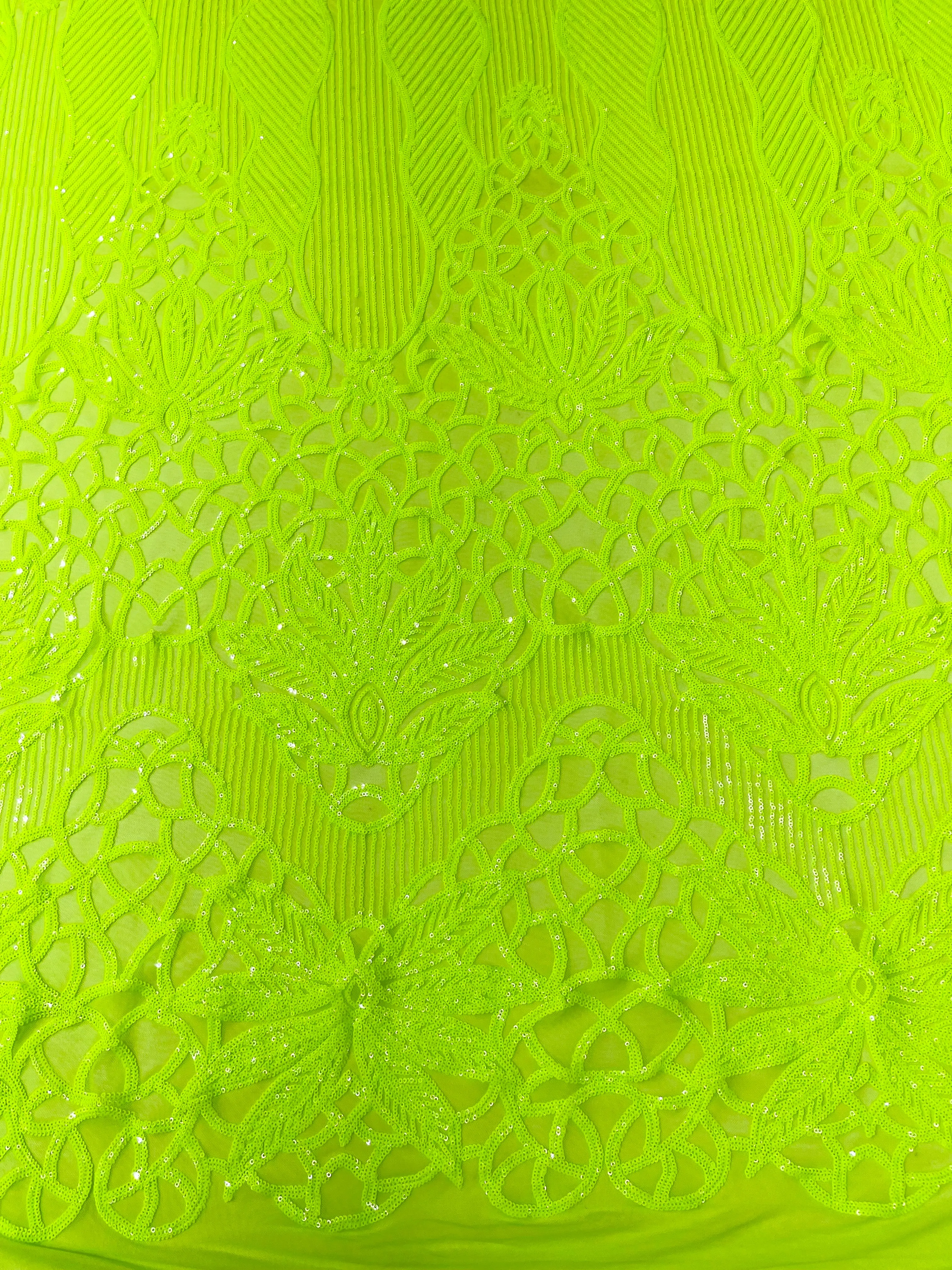 Feather Damask Shiny Sequin Design on a 4 Way Stretch mesh Fabric-Prom Night -Sold by The Yard.