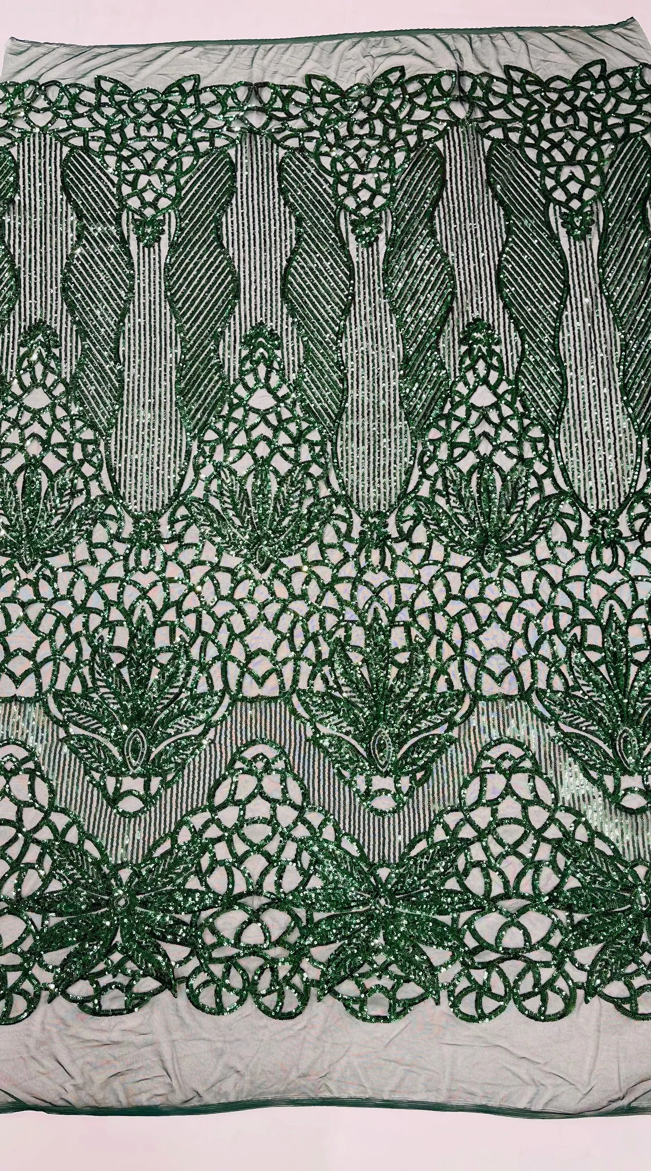 Feather Damask Shiny Sequin Design on a 4 Way Stretch mesh Fabric-Prom Night -Sold by The Yard.