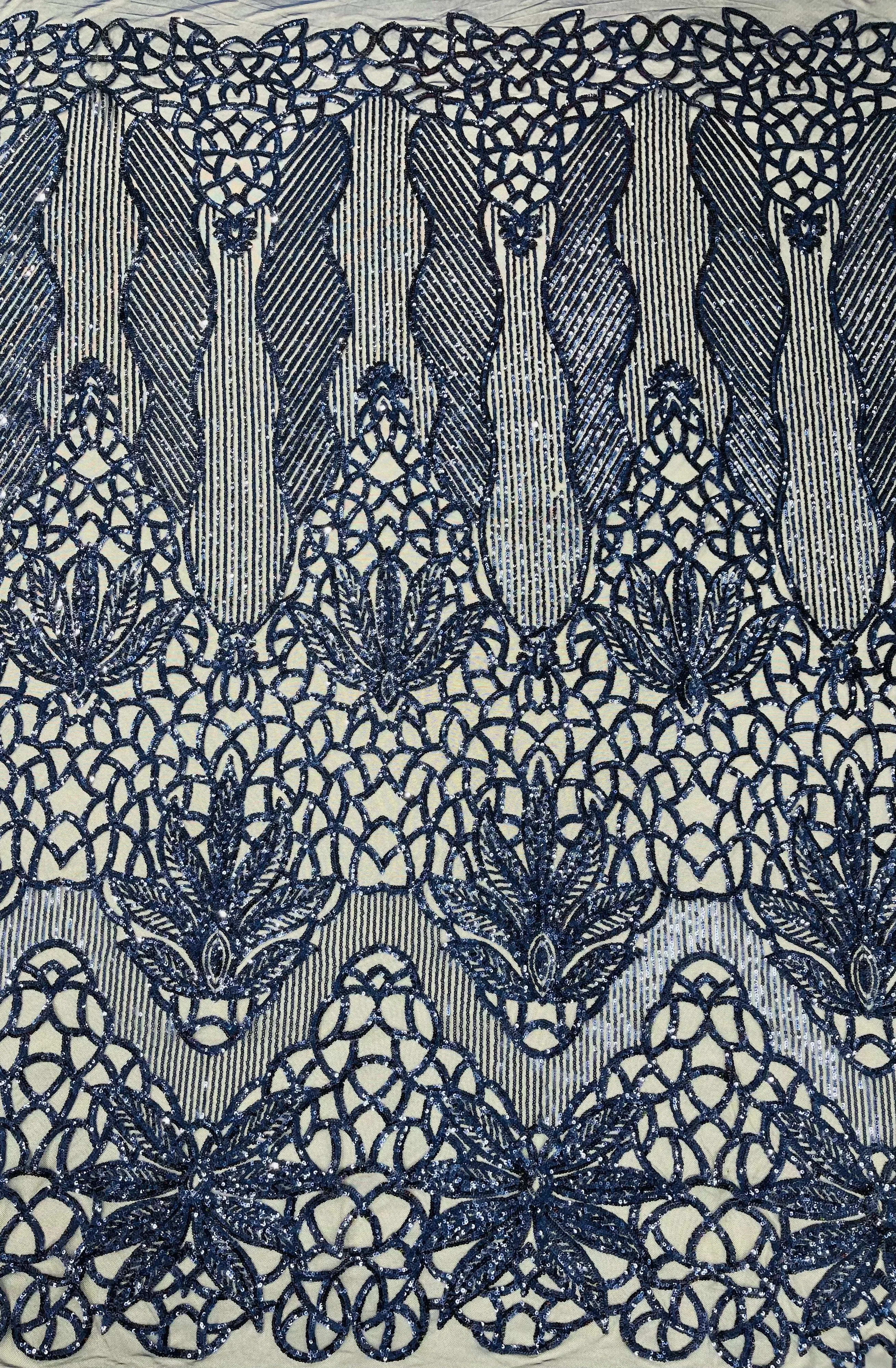 Feather Damask Shiny Sequin Design on a 4 Way Stretch mesh Fabric-Prom Night -Sold by The Yard.