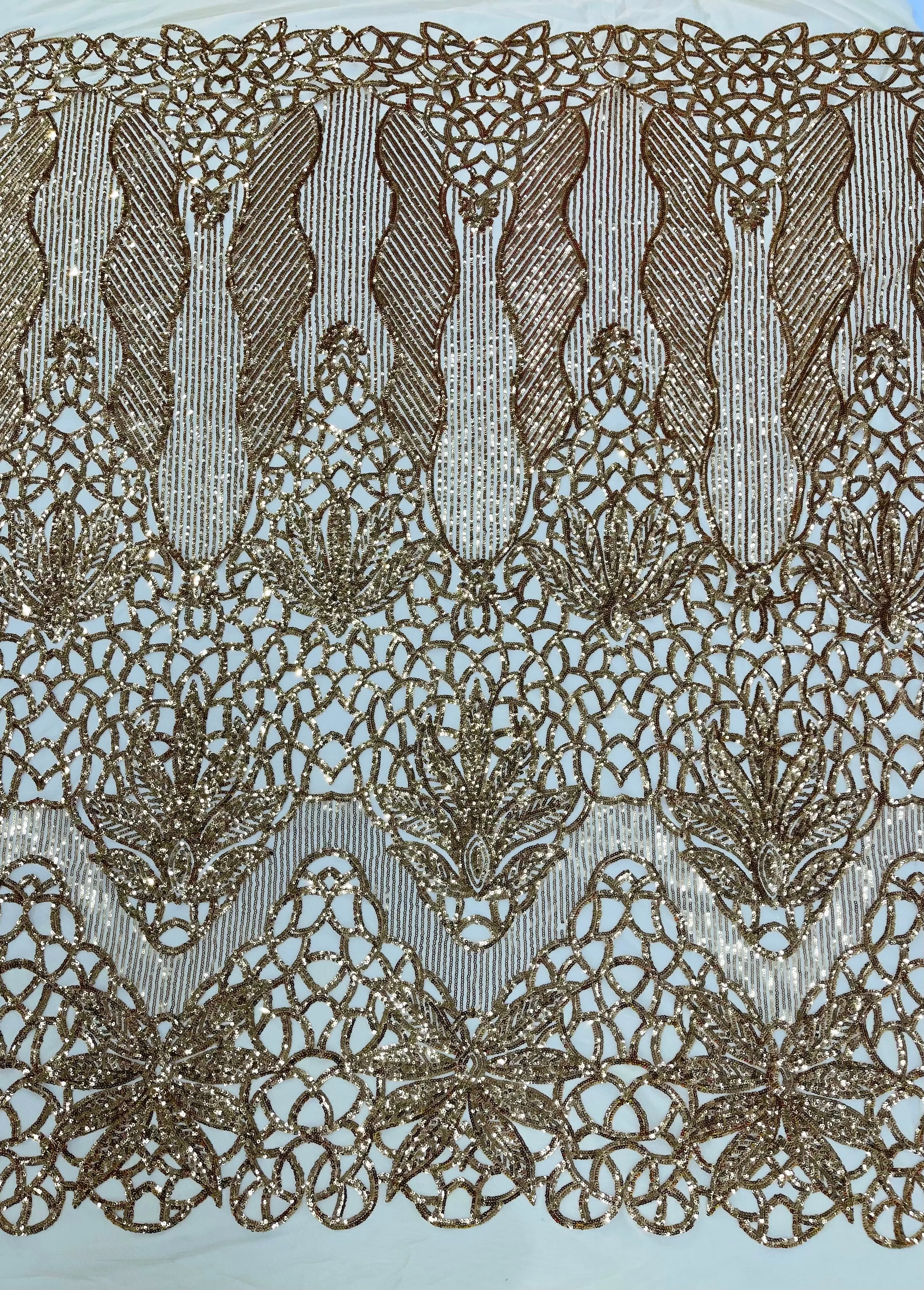 Feather Damask Shiny Sequin Design on a 4 Way Stretch mesh Fabric-Prom Night -Sold by The Yard.