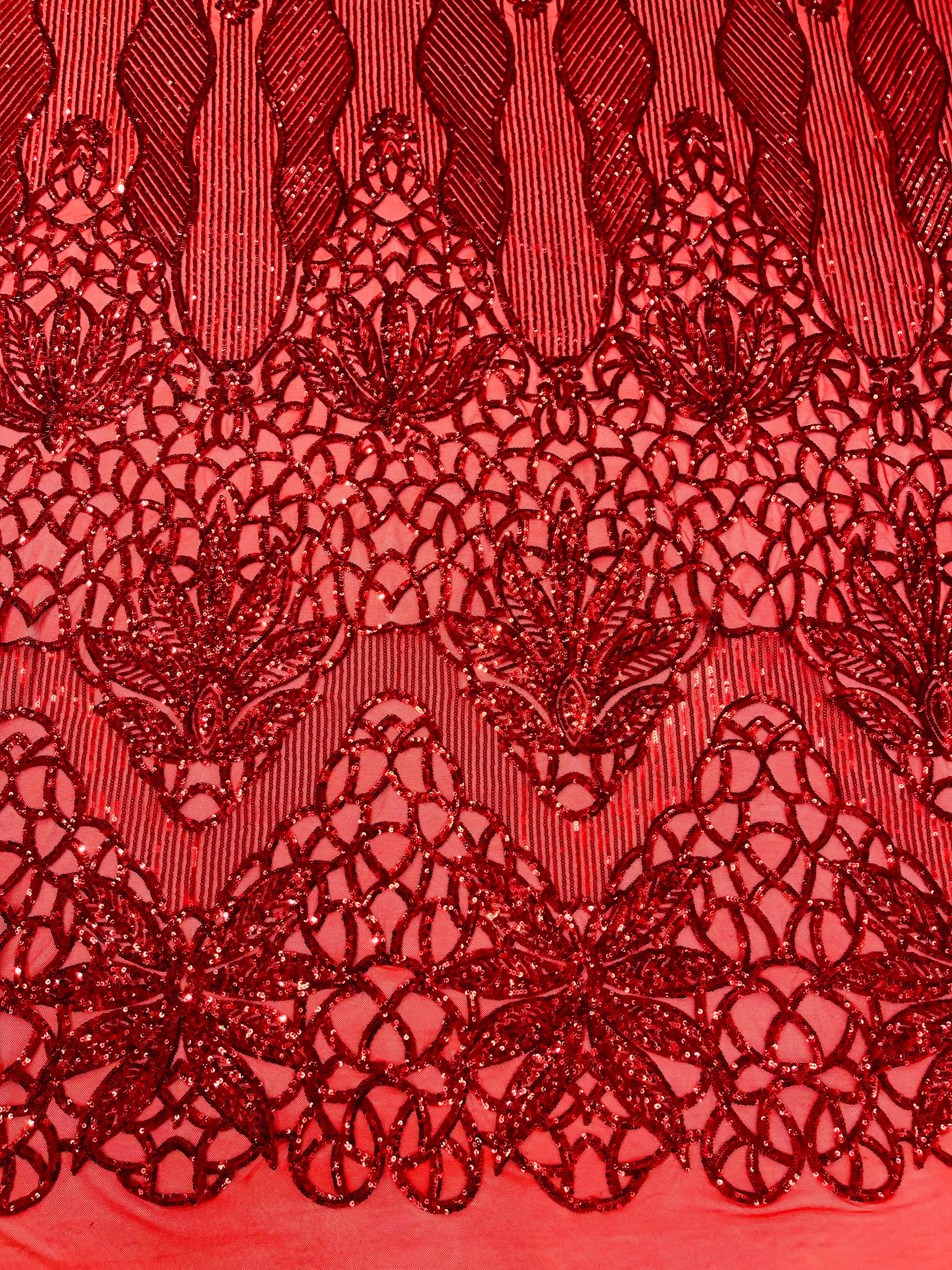 Feather Damask Shiny Sequin Design on a 4 Way Stretch mesh Fabric-Prom Night -Sold by The Yard.