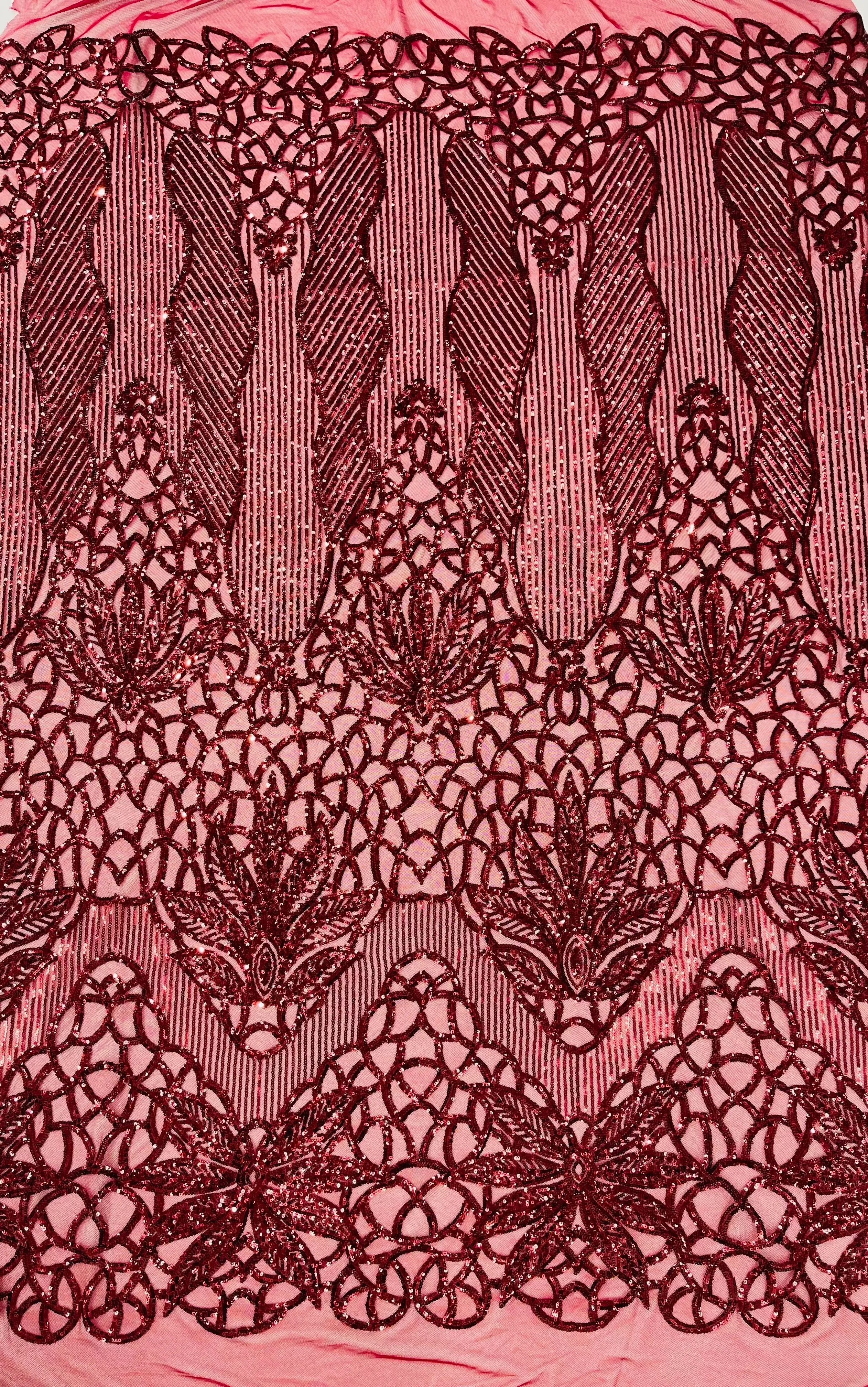 Feather Damask Shiny Sequin Design on a 4 Way Stretch mesh Fabric-Prom Night -Sold by The Yard.