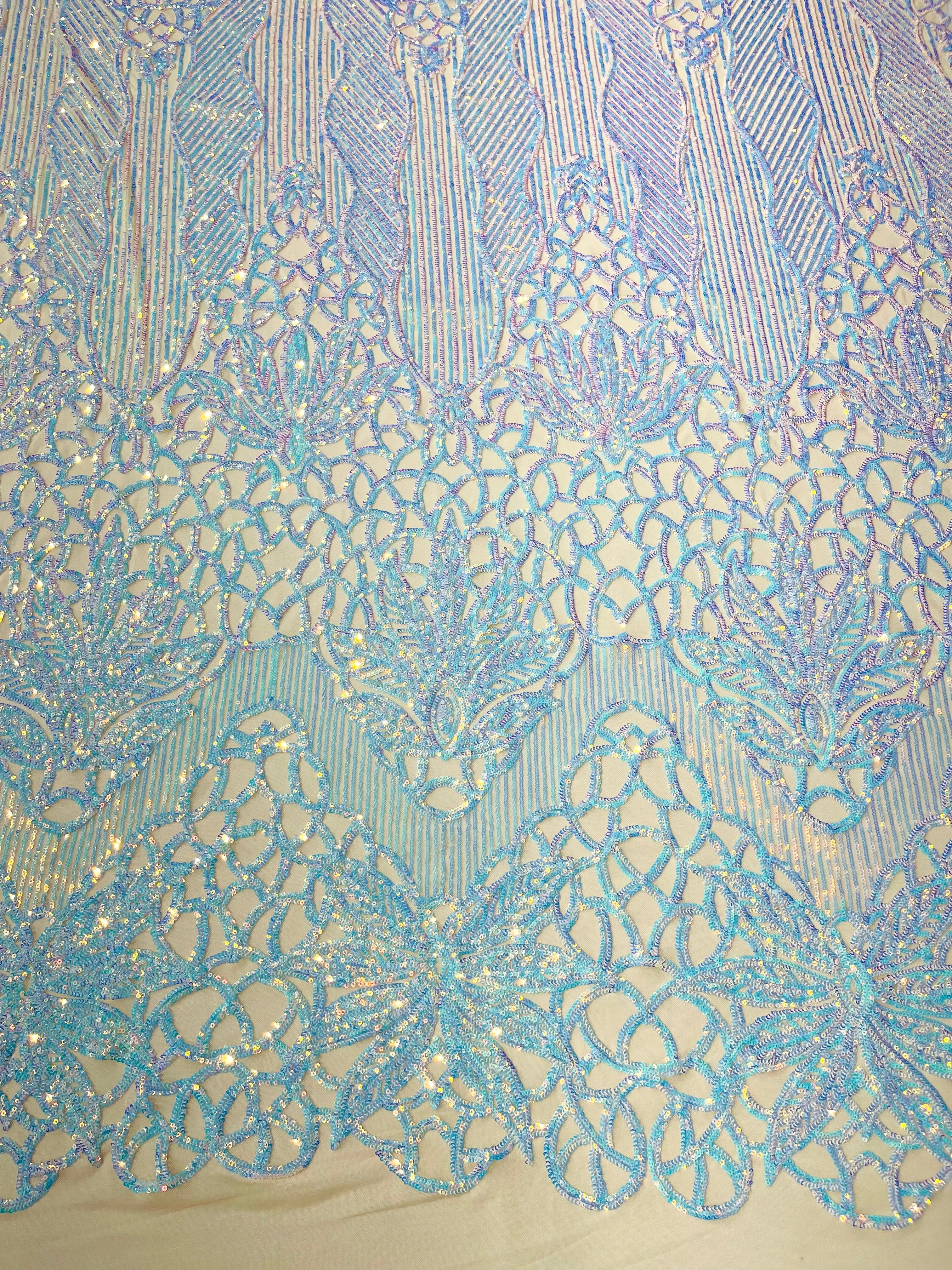 Feather Damask Shiny Sequin Design on a 4 Way Stretch mesh Fabric-Prom Night -Sold by The Yard.