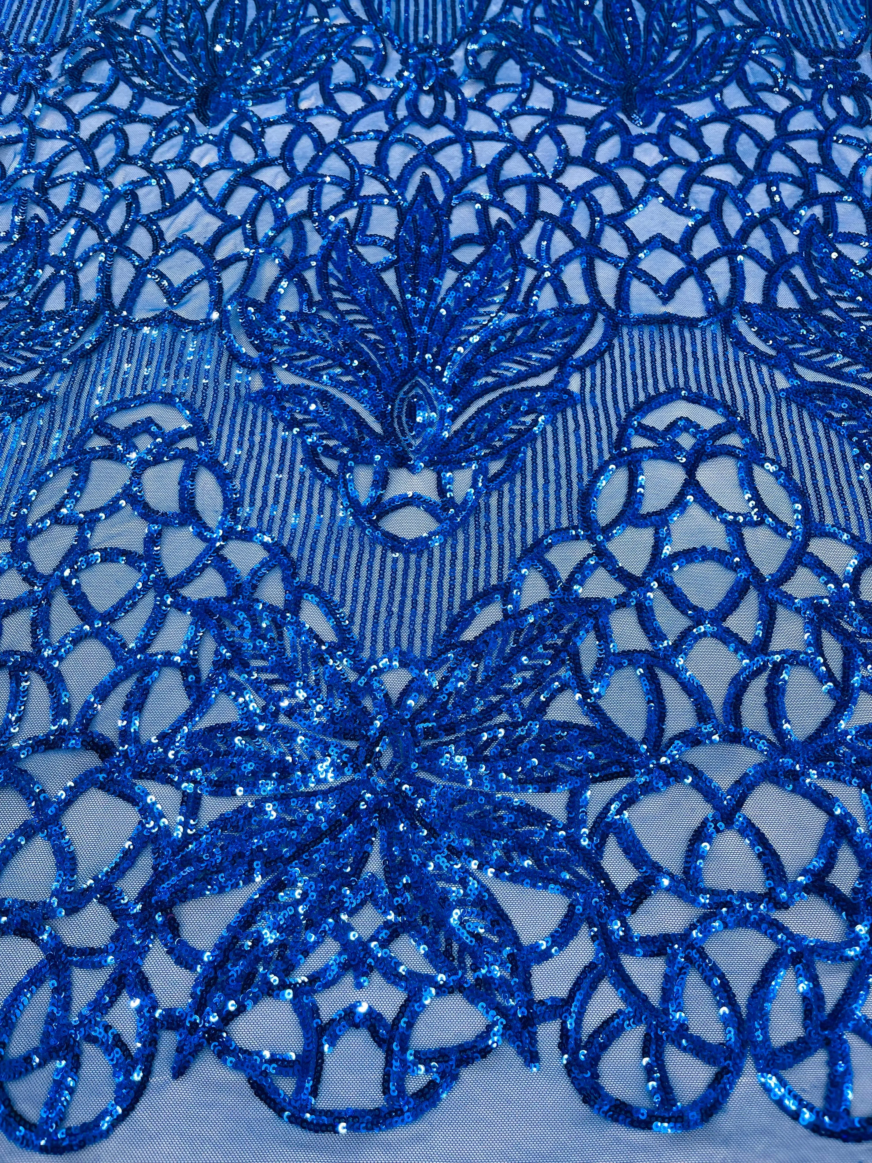 Feather Damask Shiny Sequin Design on a 4 Way Stretch mesh Fabric-Prom Night -Sold by The Yard.