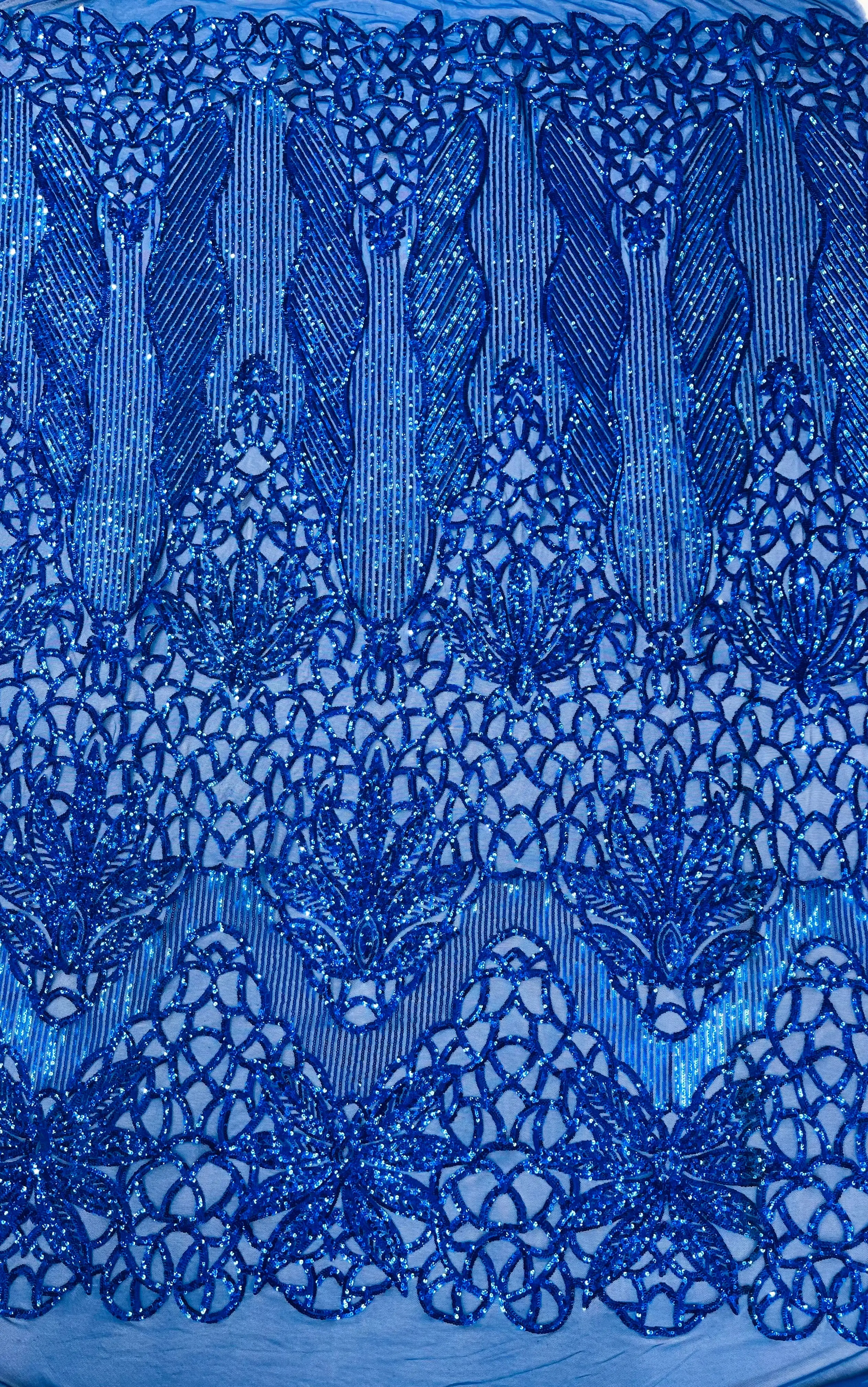 Feather Damask Shiny Sequin Design on a 4 Way Stretch mesh Fabric-Prom Night -Sold by The Yard.