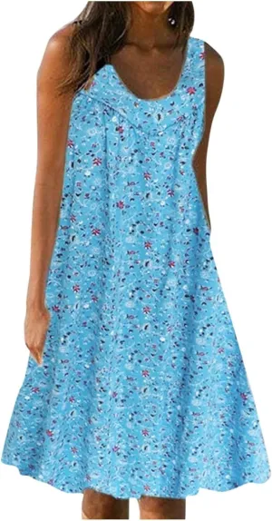 Flowy Dresses for Women Summer Tank Dress Sun Dresses Sleeveless Ruched Mini Dress Vintage Floral Dress with Pockets