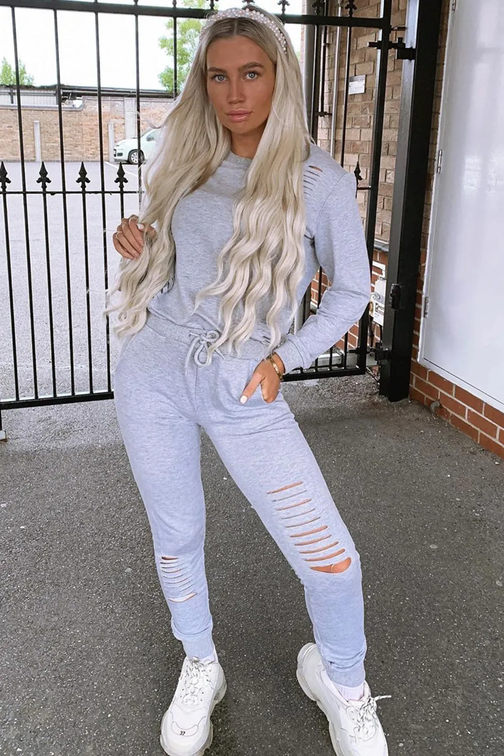 Grey Distressed Ripped Jumper & Joggers Loungewear Set