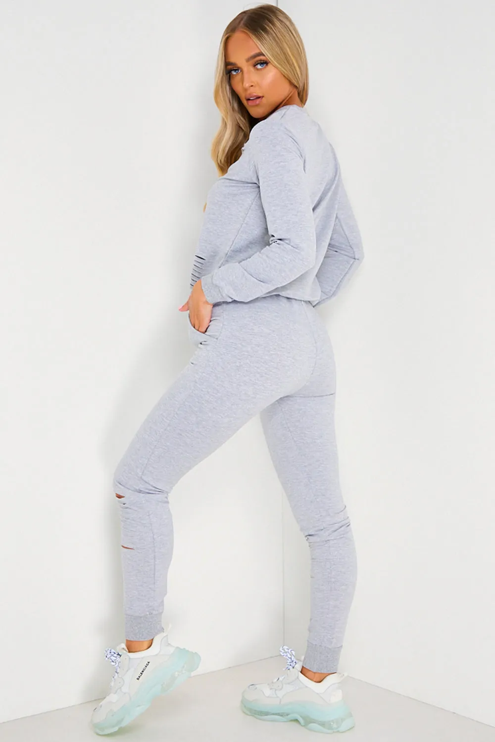 Grey Distressed Ripped Jumper & Joggers Loungewear Set