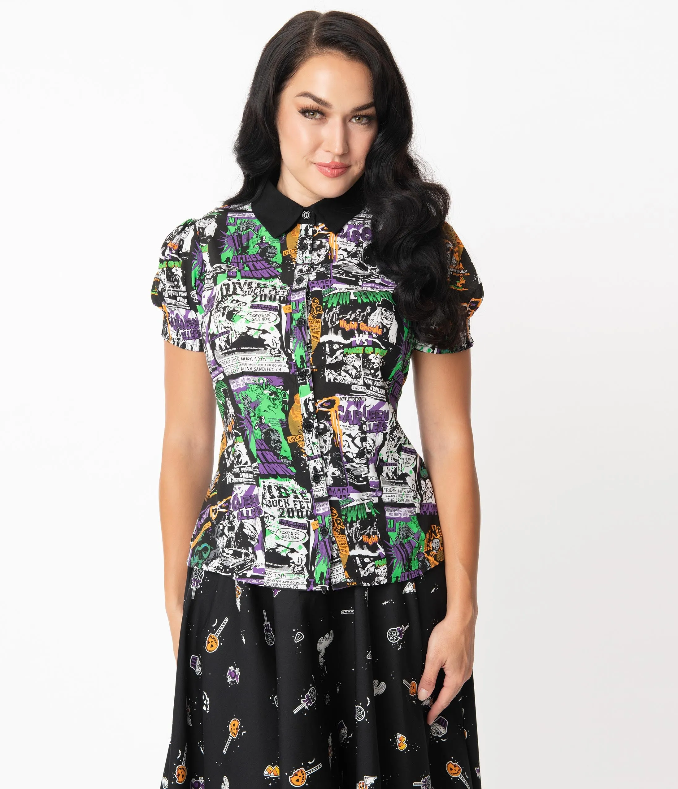 Hell Bunny 1950s Be Afraid Print Blouse