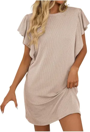 hlysgo Women Summer Casual Dress Ruffle Sleeve Crewneck Mini Tshirt Dresses 2025 Vacation Beach Boho Short Sundress