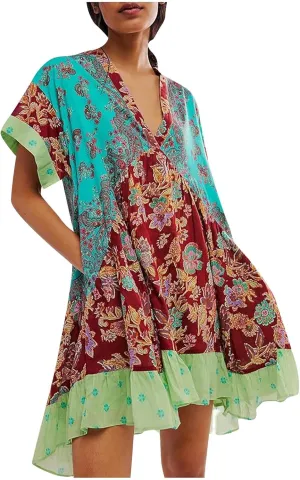 Hot Short Mini Dress Babydoll Dresses for Women Boho Y2K Summer Dress Flowy Deep V Neck Floral Sundresses