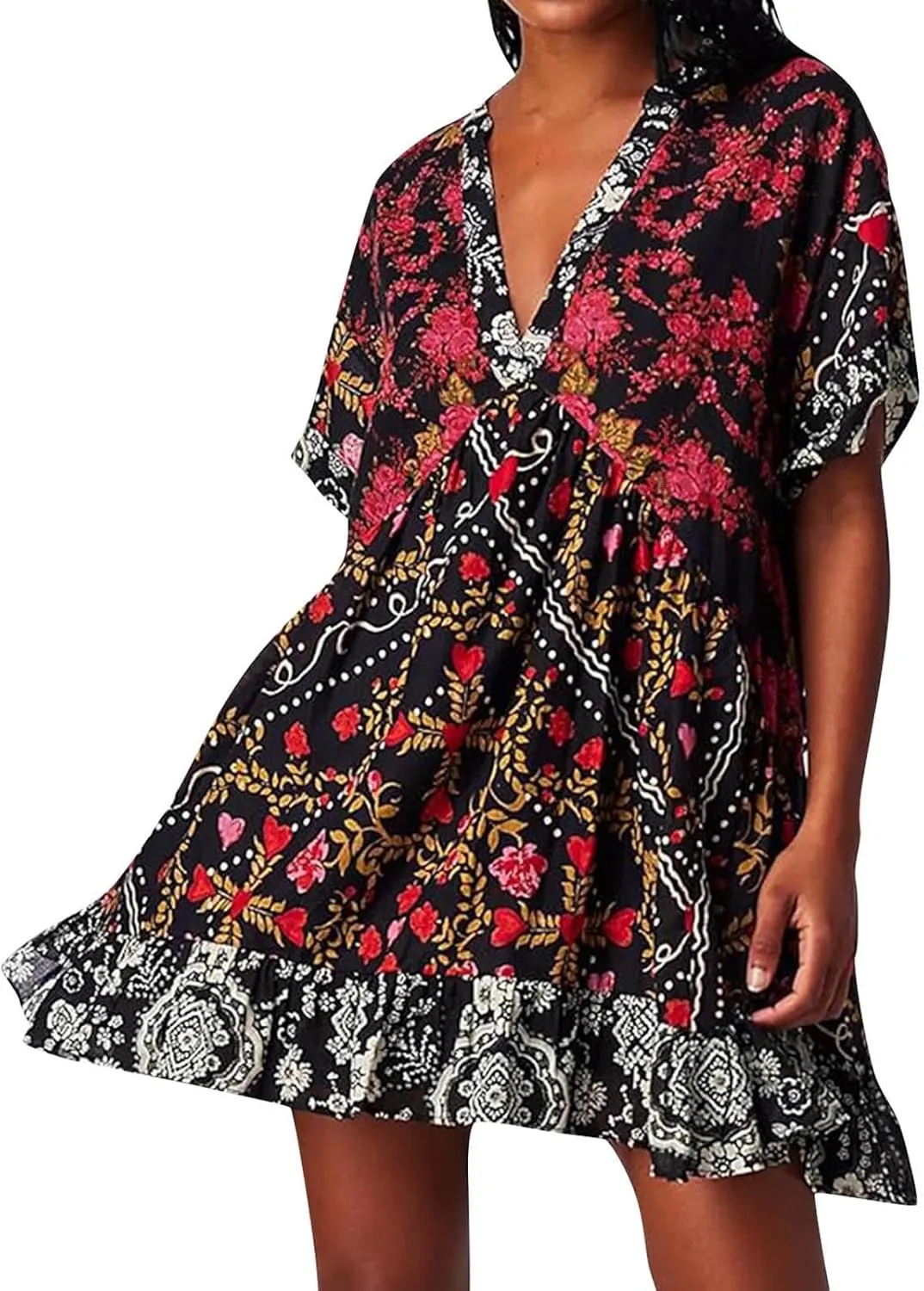 Hot Short Mini Dress Babydoll Dresses for Women Boho Y2K Summer Dress Flowy Deep V Neck Floral Sundresses