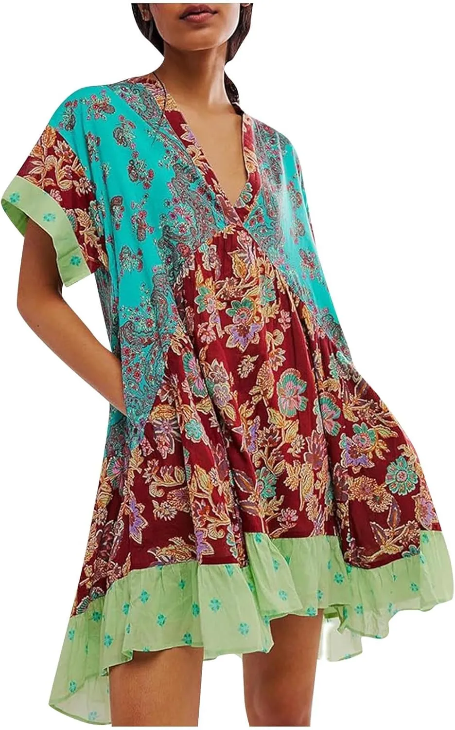 Hot Short Mini Dress Babydoll Dresses for Women Boho Y2K Summer Dress Flowy Deep V Neck Floral Sundresses