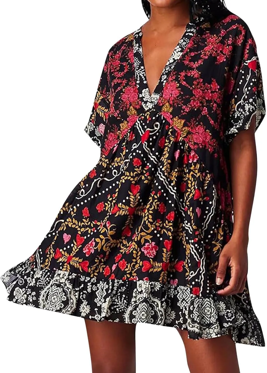Hot Short Mini Dress Babydoll Dresses for Women Boho Y2K Summer Dress Flowy Deep V Neck Floral Sundresses