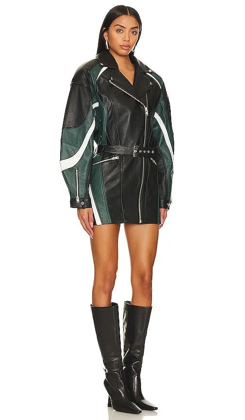 LAMARQUE Harlee Biker Dress in Black,Dark Green