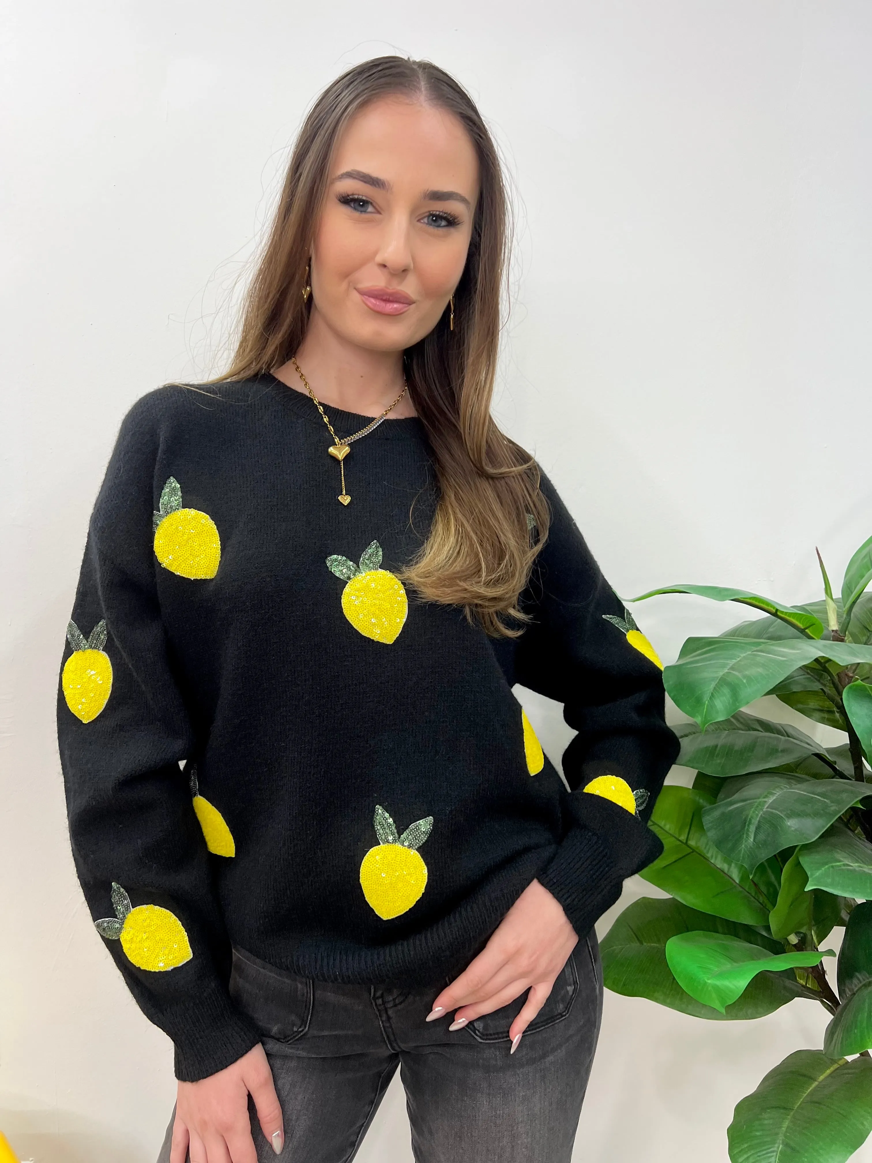 LEMON SEQUIN BLACK SWEATER