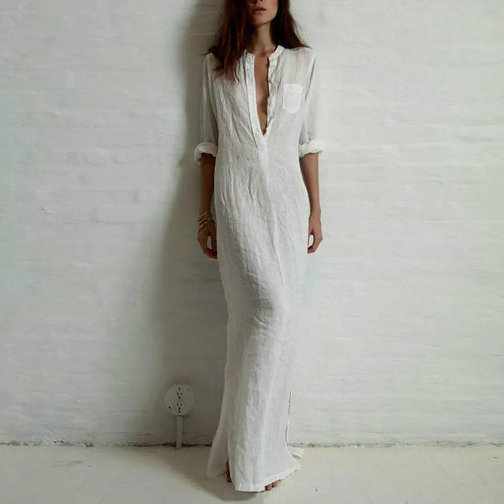 Long Sexy Soild Split Floor Length Shirt Dress