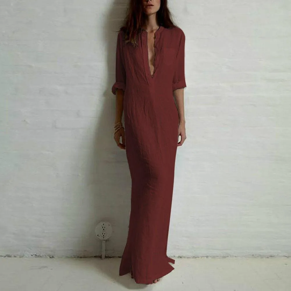 Long Sexy Soild Split Floor Length Shirt Dress