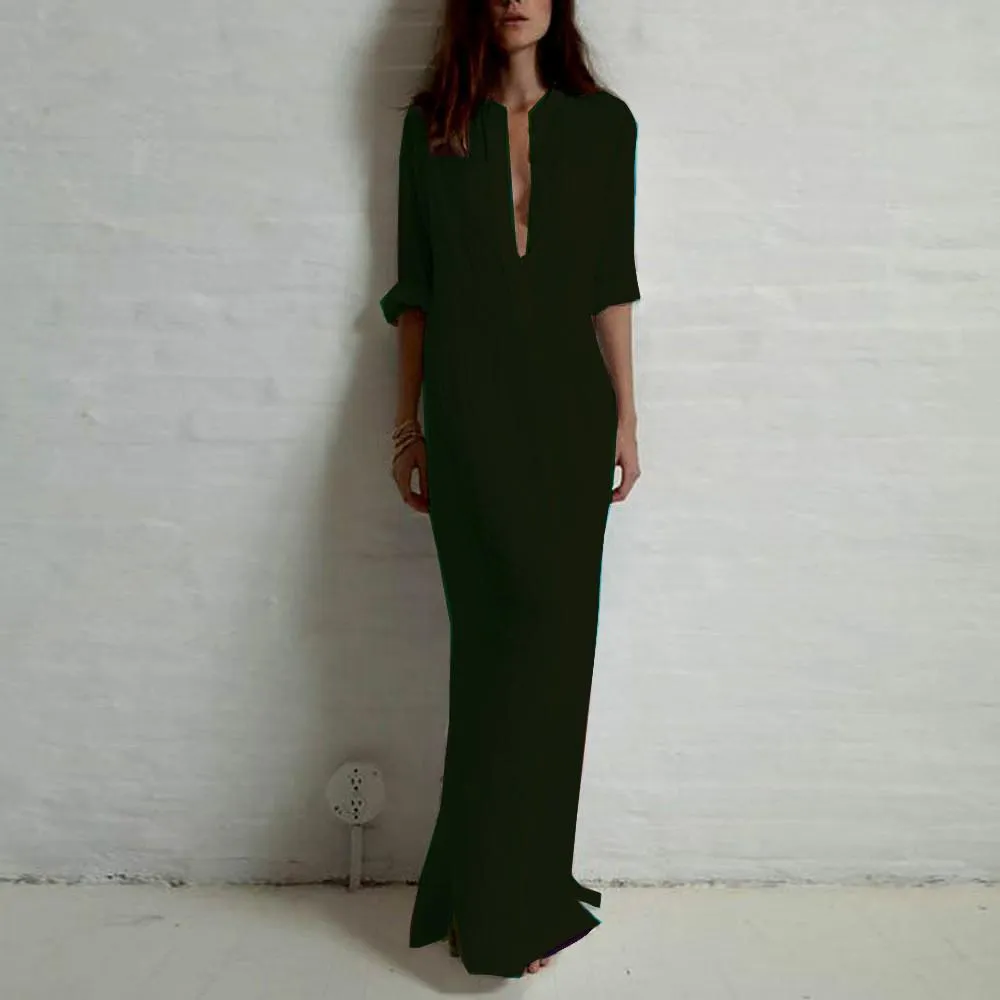 Long Sexy Soild Split Floor Length Shirt Dress