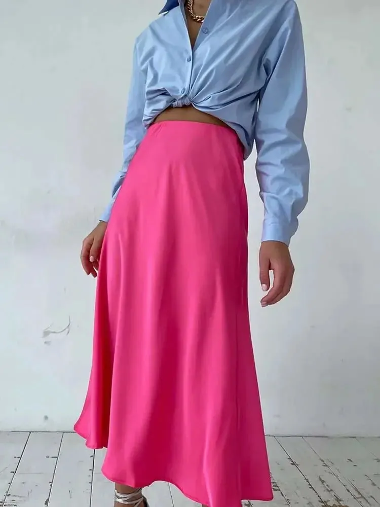 LVSANW High Waisted Satin Long Skirts for Women Spring/Summer New 2024 Women's Skirt A-line Fashion Elegant Slim Fit Grey Black Skirt