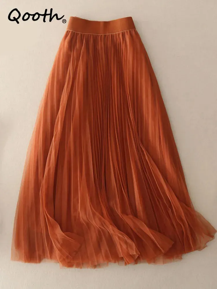 LVSANW Qooth Elastic Waist 3 Layers A-line Tutu Skirt Elegant Vintage Mesh Long Tulle Skirt For Spring Autumn QT2117
